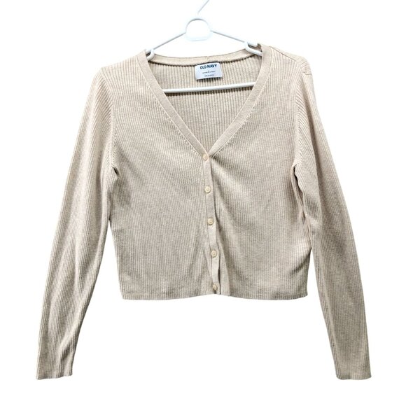 Old Navy Ribbed Cardigan Womens L Beige Cropped V-Neck Button Front Stretch - Picture 1 of 8